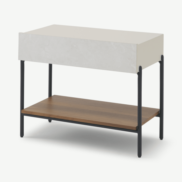 Roka Long Sofa Side Table, Walnut & Marble Effect