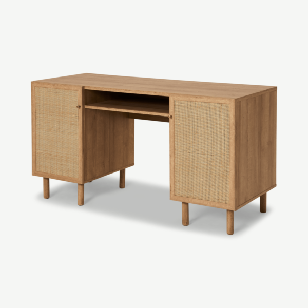 Pavia Wide Desk, Natural Rattan & Oak Effect