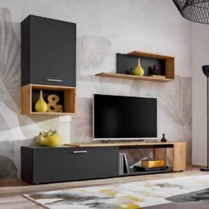 Elyria II Wooden Entertainment Unit In Matt Black And Wotan Oak